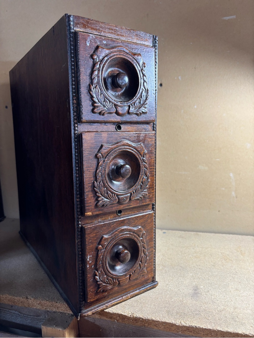 Set of 3 vintage wooden sewing machine drawers with frame they were built for